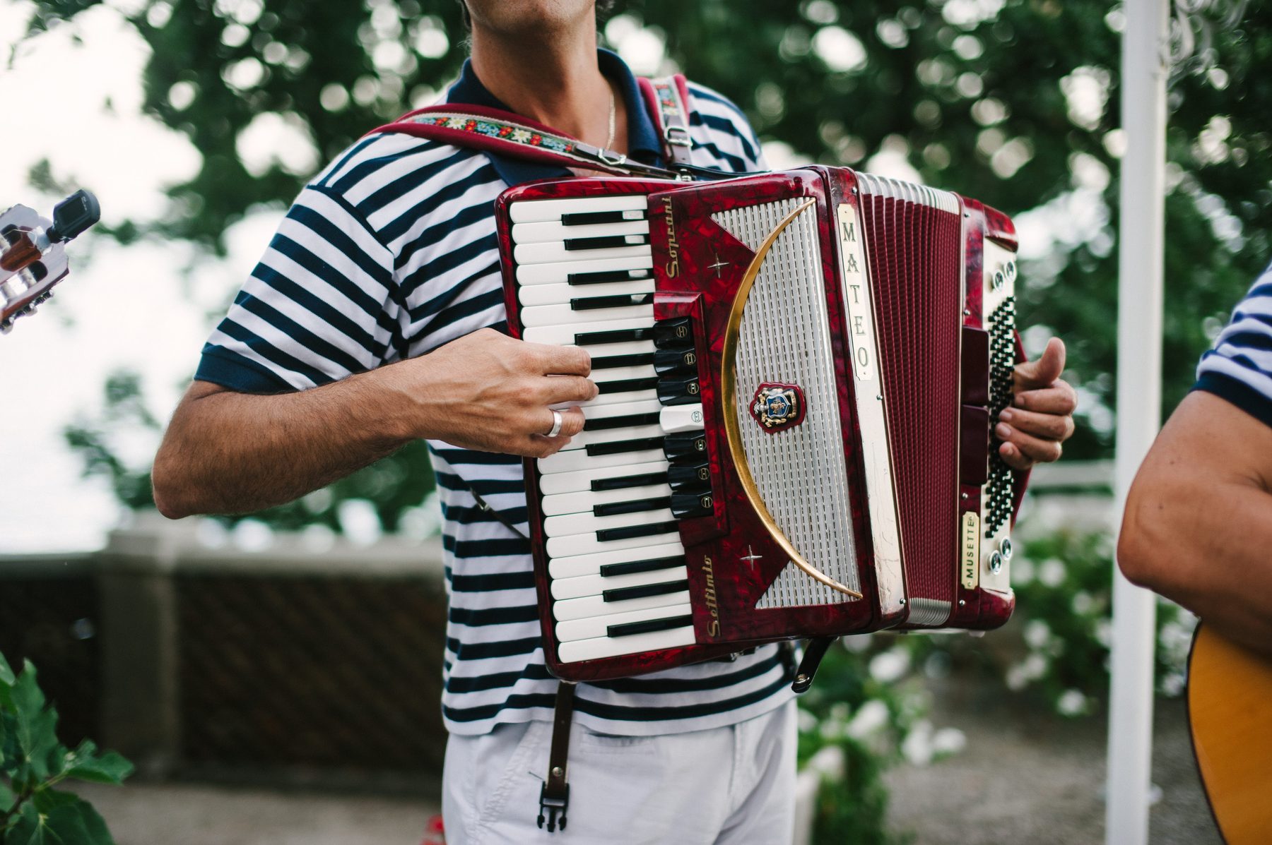 A close-up of a musician playing accordion at an outdoor gathering