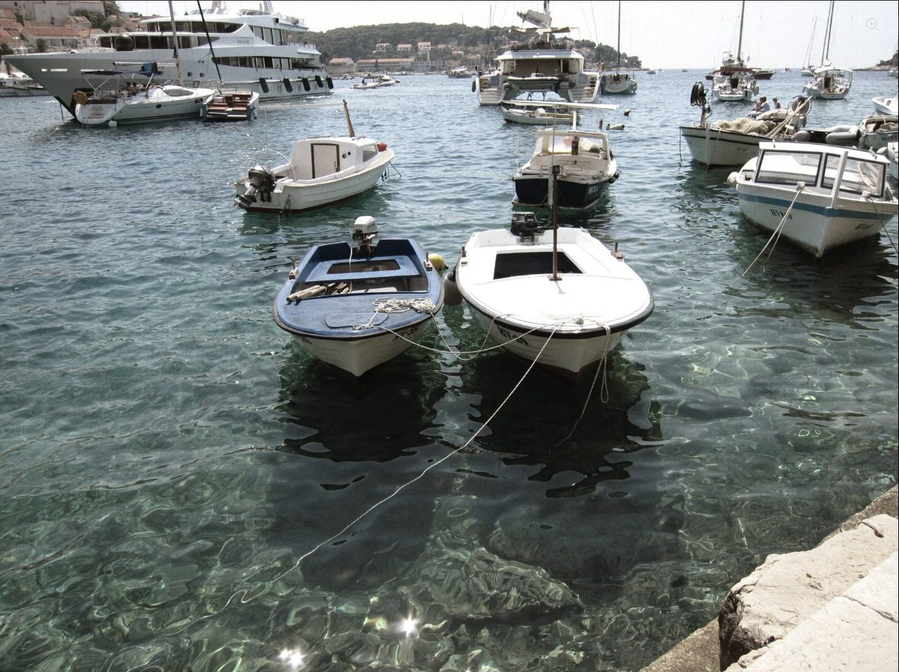 Yachts and boats moored in Hvar harbour, Croatia